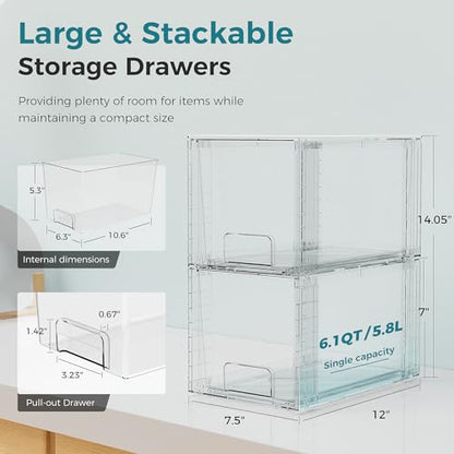 Large Stackable Storage Drawers, Clear Acrylic Organizer with Handle