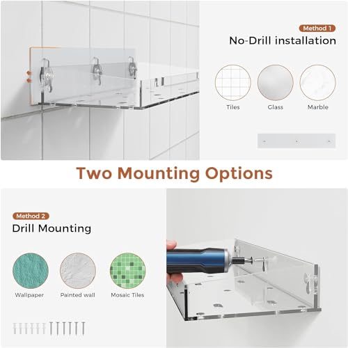 Oylik 2 Pack Acrylic Shower Shelves, Clear Floating Shelves for Wall