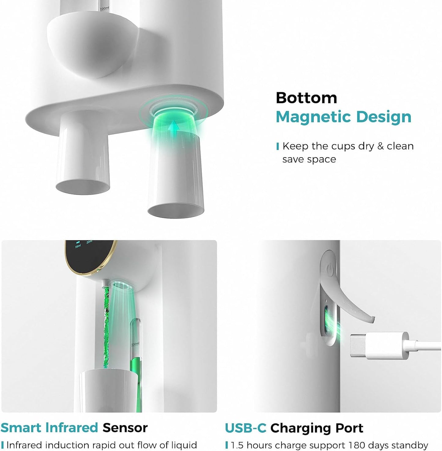 Oylik Automatic Mouthwash Dispenser 18.26 oz,Touchless,USB Rechargeable, 2 Magnetic Cups Included