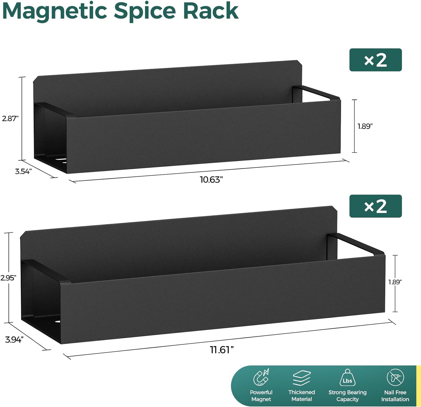 Oylik 4-Pack Magnetic Spice Rack for Refrigerator with 2 Removable Hooks, Heavy Duty Strong Magnetic Shelf for Fridge