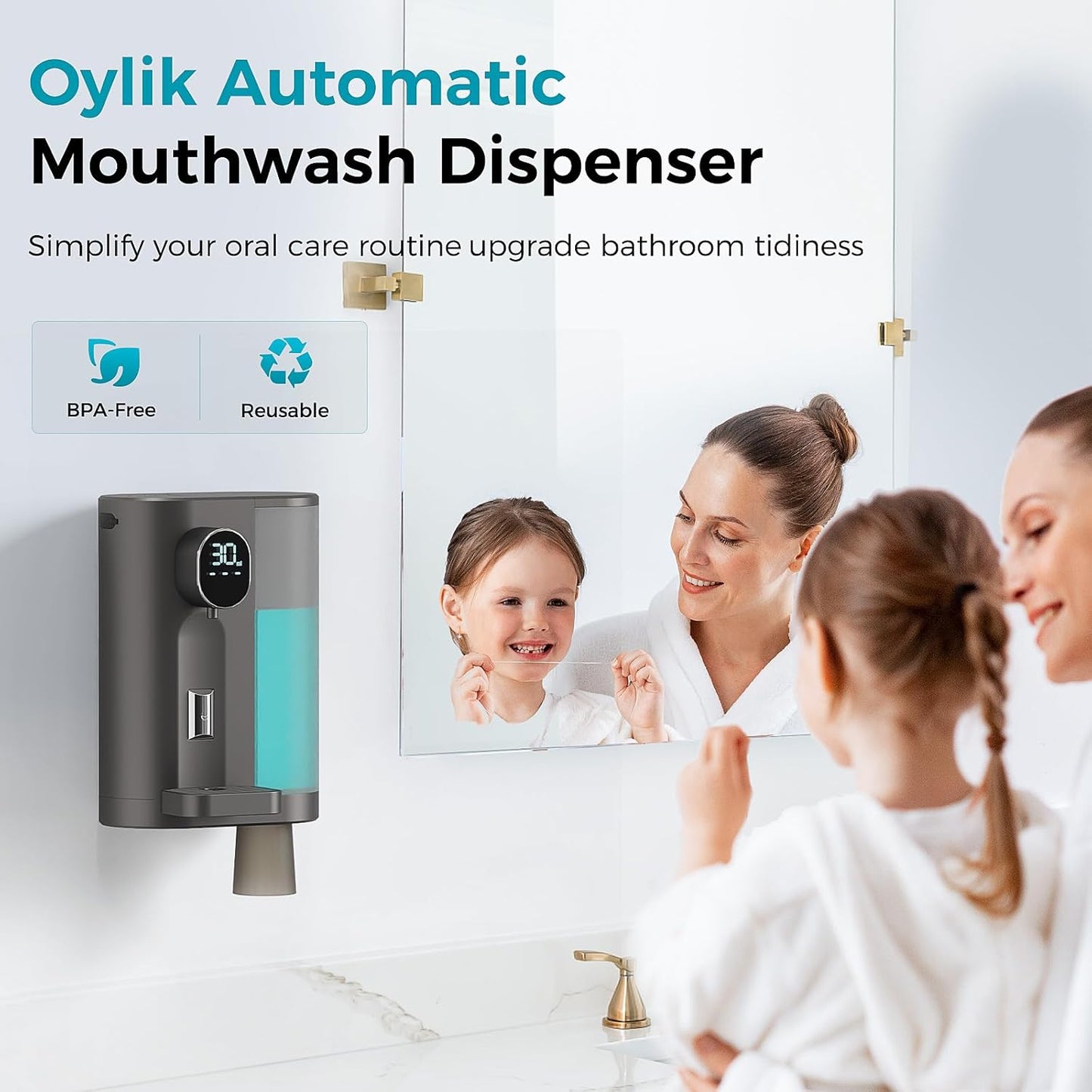 Oylik Automatic Mouthwash Dispenser for Bathroom with 2 Magnetic Cups,4 Levels and LED Screen-Dark Gray