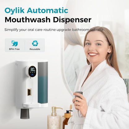 Oylik 20.3 Fl Oz Automatic Mouthwash Dispenser with 2 Magnetic Cups for Bathroom-White