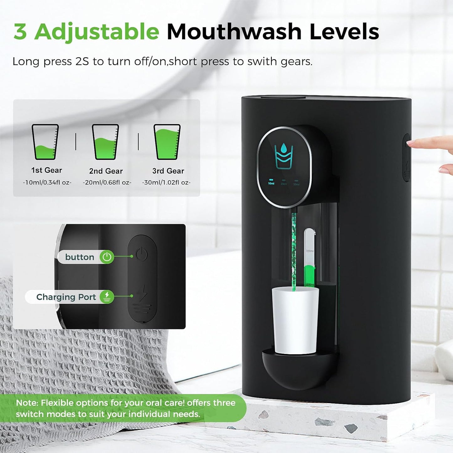 Oylik Automatic Mouthwash Dispenser 18.26 oz,Touchless,USB Rechargeable, 2 Magnetic Cups Included