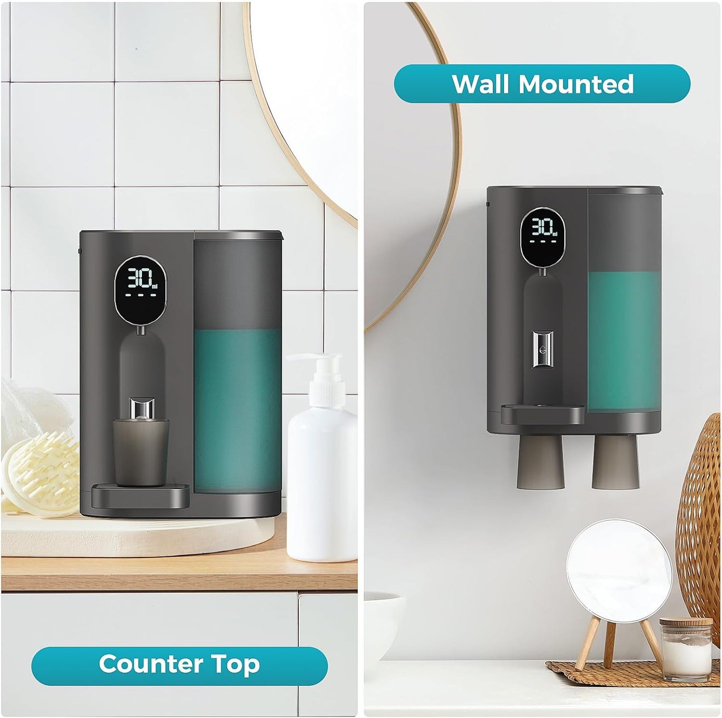 Oylik Automatic Mouthwash Dispenser for Bathroom with 2 Magnetic Cups,4 Levels and LED Screen-Dark Gray