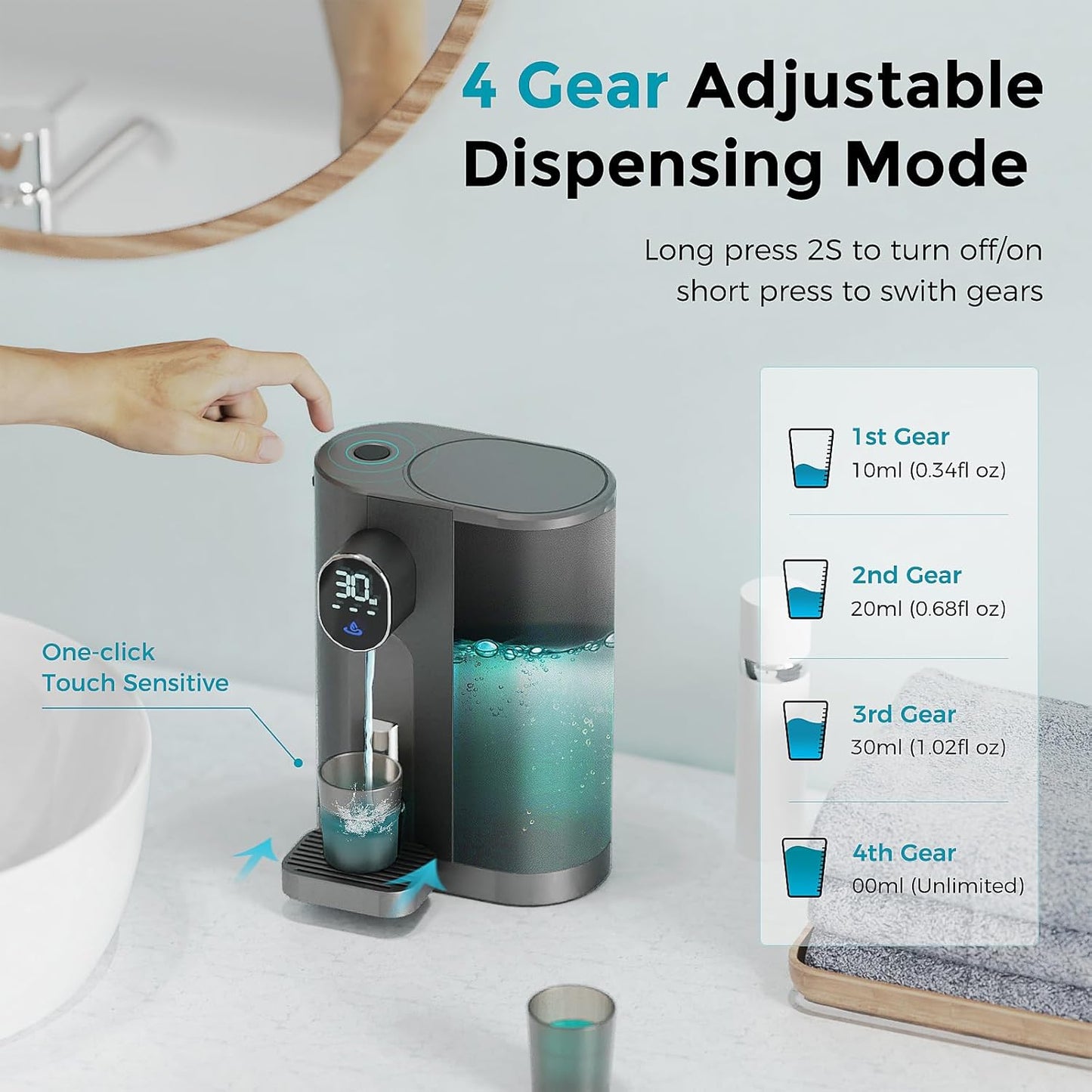 Oylik Automatic Mouthwash Dispenser for Bathroom with 2 Magnetic Cups,4 Levels and LED Screen-Dark Gray