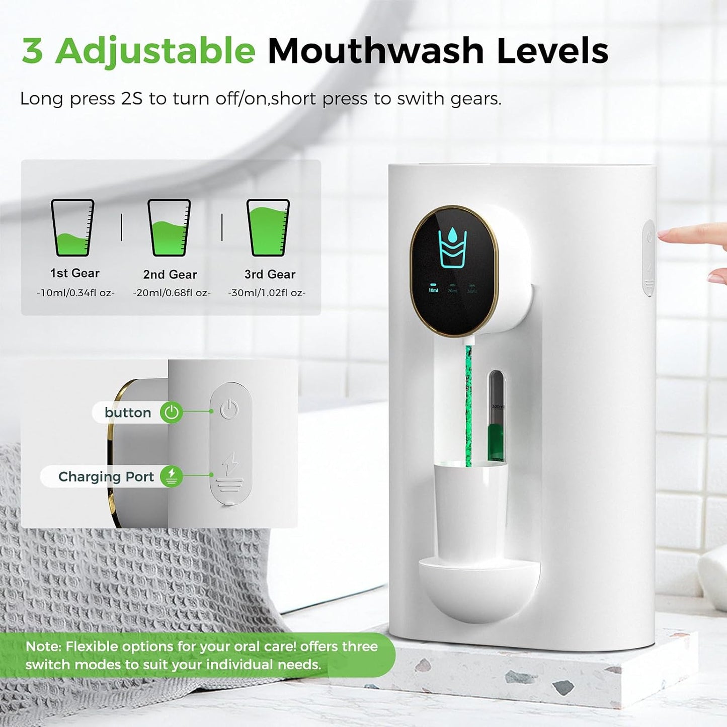 Oylik Automatic Mouthwash Dispenser 18.26 oz,Touchless,USB Rechargeable, 2 Magnetic Cups Included